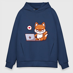 Толстовка оверсайз мужская Cute fox and laptop, цвет: тёмно-синий