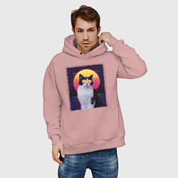 Толстовка оверсайз мужская Synthwave cat, цвет: пыльно-розовый — фото 2
