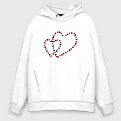 Толстовка оверсайз мужская Два влюбленных сердца линией из игральных карт раз, цвет: белый