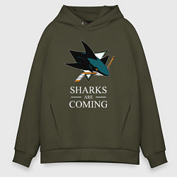 Толстовка оверсайз мужская Sharks are coming, Сан-Хосе Шаркс San Jose Sharks, цвет: хаки