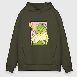 Толстовка оверсайз мужская ЛЯГУШКА С ЦВЕТКОМ, цвет: хаки