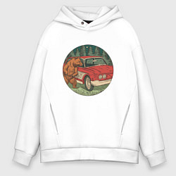 Толстовка оверсайз мужская Медведь и машина в лесу, цвет: белый