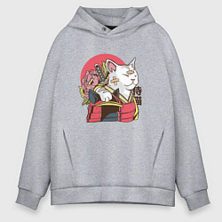 Толстовка оверсайз мужская Котик Самурай Samurai Cat Japanese art, цвет: меланж