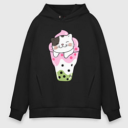 Толстовка оверсайз мужская Довольный котик в мороженом, цвет: черный