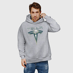 Толстовка оверсайз мужская Tesla Logo Тесла Логотип Карбон, цвет: меланж — фото 2