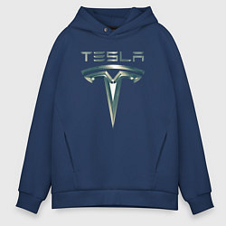 Толстовка оверсайз мужская Tesla Logo Тесла Логотип Карбон, цвет: тёмно-синий