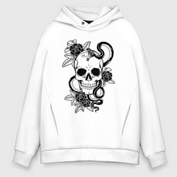 Толстовка оверсайз мужская Чёрная мамба обвивает череп и розы, цвет: белый
