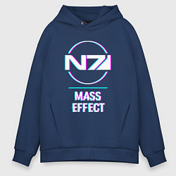Толстовка оверсайз мужская Mass Effect в стиле glitch и баги графики, цвет: тёмно-синий