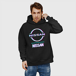 Толстовка оверсайз мужская Значок Nissan в стиле glitch, цвет: черный — фото 2