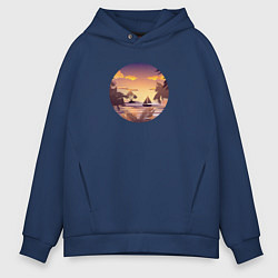 Толстовка оверсайз мужская Тропический остров и лодка в море на закате, цвет: тёмно-синий
