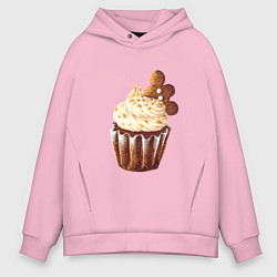 Толстовка оверсайз мужская Новогодний капкейк с имбирным человечком, цвет: светло-розовый