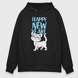 Толстовка оверсайз мужская Happy new year - kitten, цвет: черный
