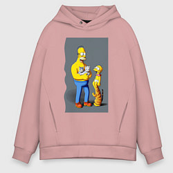Толстовка оверсайз мужская Homer Simpson and cats - нейросеть арт, цвет: пыльно-розовый