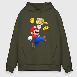 Толстовка оверсайз мужская Марио сбивает монетки, цвет: хаки