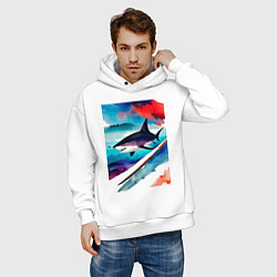 Толстовка оверсайз мужская Shark - watercolor - art, цвет: белый — фото 2