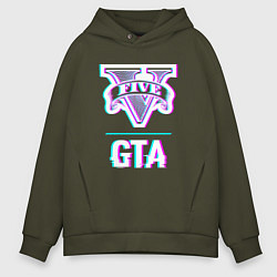 Толстовка оверсайз мужская GTA в стиле glitch и баги графики, цвет: хаки