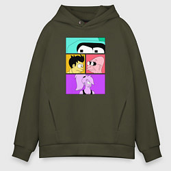 Толстовка оверсайз мужская Futurama: Бендер Лила Фрай и профессор, цвет: хаки