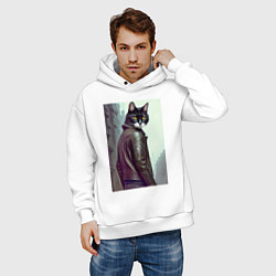 Толстовка оверсайз мужская Модный котяра - Лондон - нейросеть, цвет: белый — фото 2