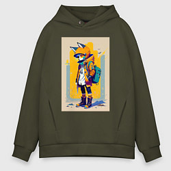 Толстовка оверсайз мужская Fox cub - urban style - neural network, цвет: хаки