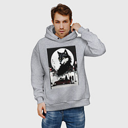 Толстовка оверсайз мужская Волк в ночном городе - нейросеть, цвет: меланж — фото 2