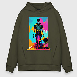 Толстовка оверсайз мужская Funny skeleton - pop art - neural network, цвет: хаки