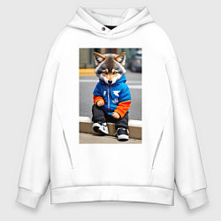 Толстовка оверсайз мужская Уличный волчонок-хулиган - нейросеть, цвет: белый