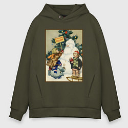 Толстовка оверсайз мужская Ретро открытка с новым годом, цвет: хаки