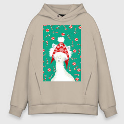 Толстовка оверсайз мужская Лама - альпака в ушанке, цвет: миндальный