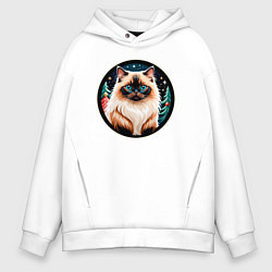 Толстовка оверсайз мужская Гималайский кот ждет Новый Год, цвет: белый