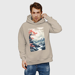 Толстовка оверсайз мужская Горный пейзаж в японском стиле, цвет: миндальный — фото 2