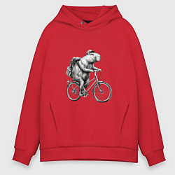 Толстовка оверсайз мужская Капибара на велосипеде в черном цвете, цвет: красный