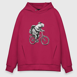 Толстовка оверсайз мужская Капибара на велосипеде в черном цвете, цвет: маджента