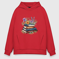 Толстовка оверсайз мужская Стопка книг с полевыми цветами, цвет: красный