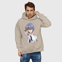 Толстовка оверсайз мужская Евангелион Рей Аянами и банка, цвет: миндальный — фото 2
