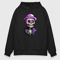 Толстовка оверсайз мужская Скелет в фиолетовой шляпе, цвет: черный