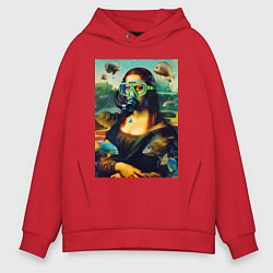 Толстовка оверсайз мужская Мона Лиза под водой - нейросеть, цвет: красный