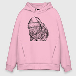 Толстовка оверсайз мужская Кот в новогоднем колпаке, цвет: светло-розовый