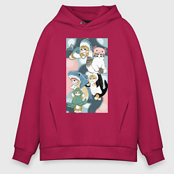 Толстовка оверсайз мужская Котики и зверята милые стикер-мемы, цвет: маджента