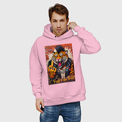 Толстовка оверсайз мужская Ferocious tiger - punks not dead motto, цвет: светло-розовый — фото 2