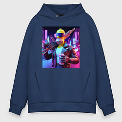 Толстовка оверсайз мужская Крутой Гомер Симпсон с оружием и банкой пива, цвет: тёмно-синий