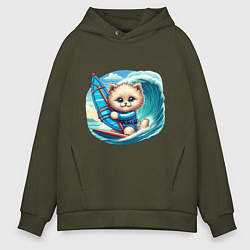 Толстовка оверсайз мужская Котик и виндсерфинг, цвет: хаки