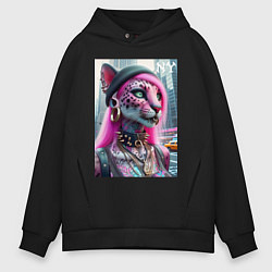 Толстовка оверсайз мужская Панк девушка-леопард в татухах в Нью-Йорке, цвет: черный