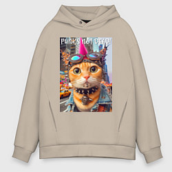 Толстовка оверсайз мужская Котёнок панк музыкант из Нью-Йорка - нейросеть, цвет: миндальный