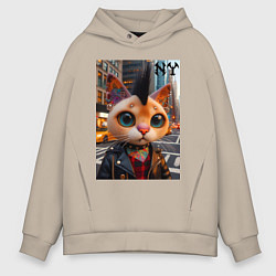 Толстовка оверсайз мужская Глазастый котёнок панк из Нью-Йорка - нейросеть, цвет: миндальный