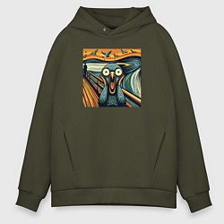 Толстовка оверсайз мужская Голубь пародия на крик Мунка, цвет: хаки