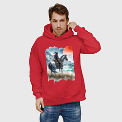 Толстовка оверсайз мужская Японский самурай на коне - нейросеть, цвет: красный — фото 2