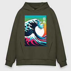Толстовка оверсайз мужская Japanese wave - ai art, цвет: хаки