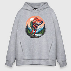 Толстовка оверсайз мужская Рыба турист в горах, цвет: меланж