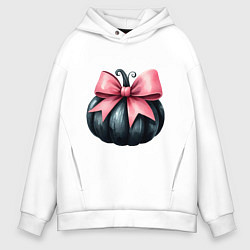 Толстовка оверсайз мужская Черная тыква с розовым бантом - Хэллоуин, цвет: белый