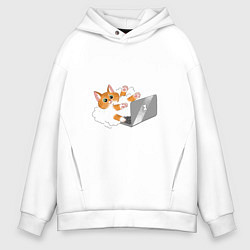 Толстовка оверсайз мужская Милый котик программист усердно печатает, цвет: белый